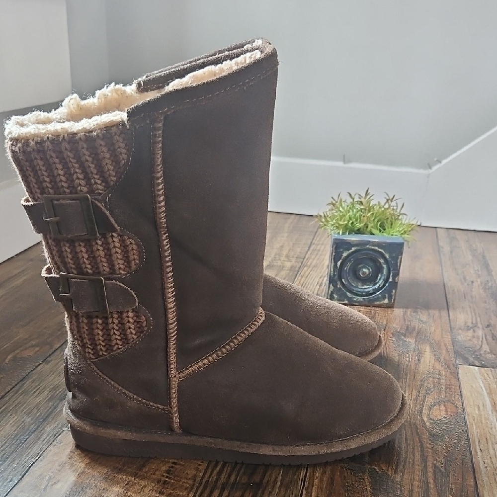 BearPaw Women's‎ Sherpa Lined Warm Winter Boots W/ Knit And Buckle Accents